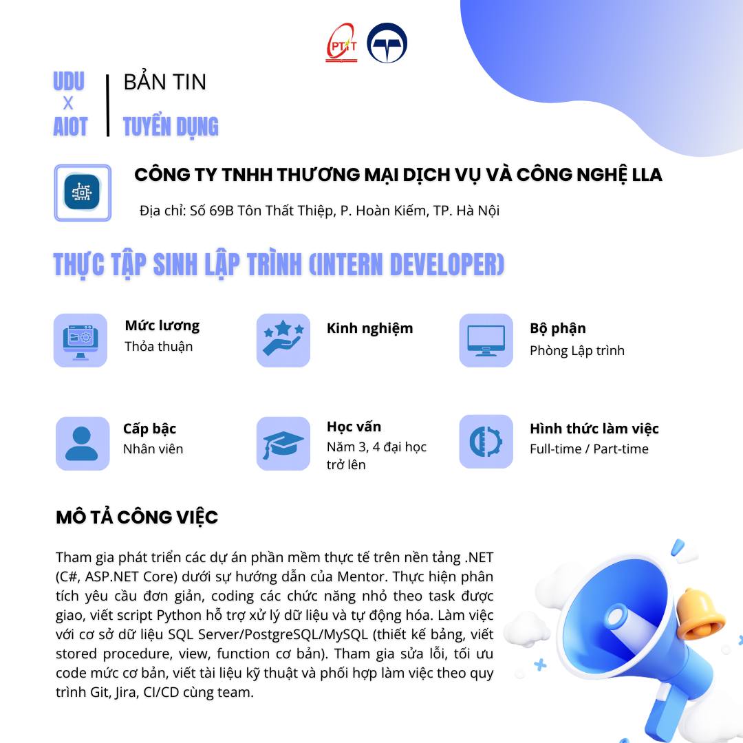 [UDU X AIOT – Tin tức tuyển dụng] LLA tuyển dụng Thực tập sinh Lập trình (Intern Developer)